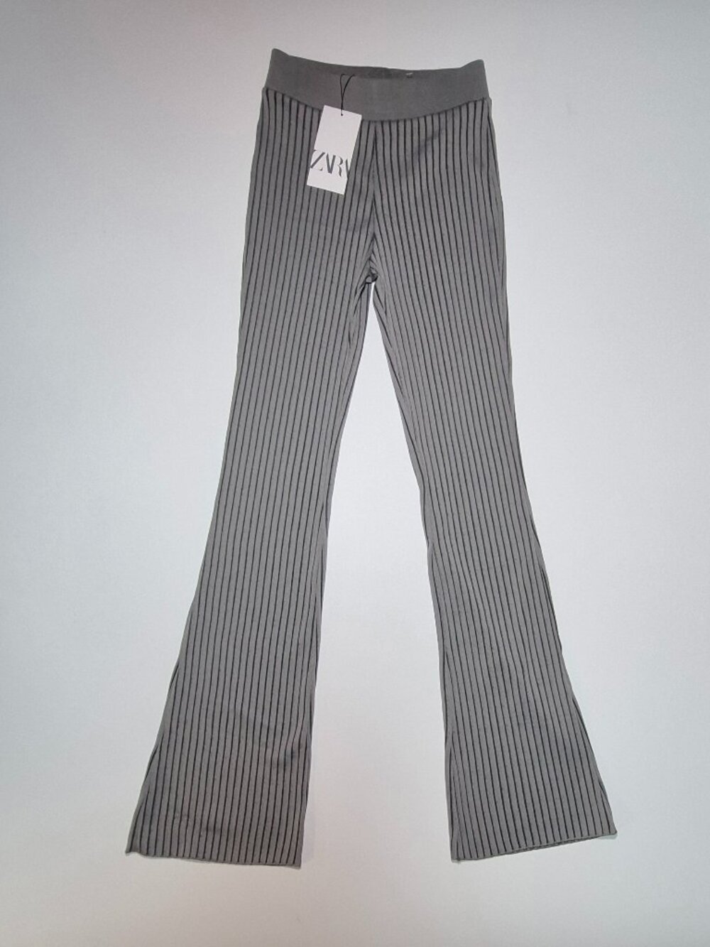 NWT Womens Gray Striped Ribbed Knit Flare Pants Wide Leg Leggings Size S